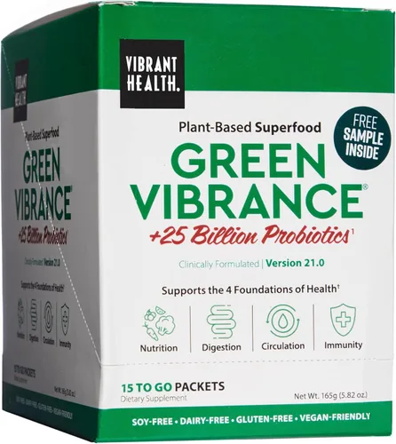 Vibrant Health, Green Vibrance Packets, polvo vegano superalimento apto para viajes, 15 paquetes