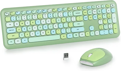 Miniatura 8 de Combo de teclado y mouse inalámbricos de 104 teclas, tamaño completo, color azul con teclas redondas silenciosas, ideal para portátiles y Azul blanco