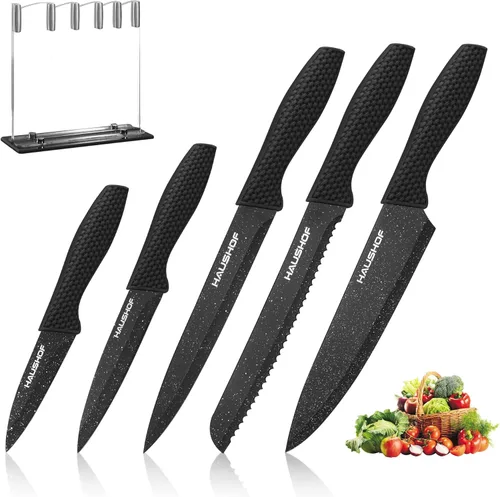HAUSHOF Juego de cuchillos de cocina, 5 piezas con bloque de acrílico, juego de cuchillos negros con revestimiento de teflón para la cocina, juego