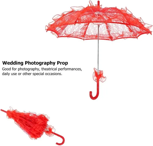 Miniatura 7 de Fdit Paraguas de algodón con encaje nupcial para bodas fiestas bailar fotografía accesorio rojo
