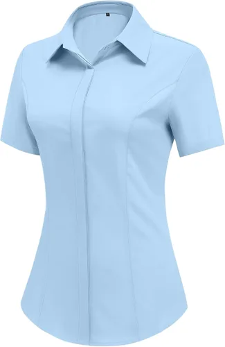Miniatura 10 de HOTOUCH Camisas de manga corta con botones para mujer, blusa con cuello ajustado, blusa básica de verano para oficina, tallas S-2XL