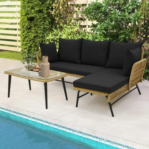 Miniatura 4 de Tangkula Juego de muebles de mimbre para exteriores, sofá de patio en forma de L de 3 piezas con cojines y mesa de vidrio templado, marco de metal