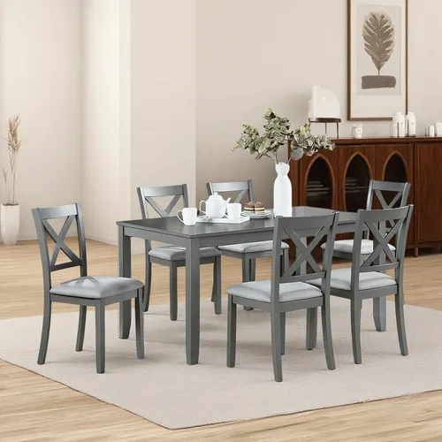 Miniatura 15 de Juego de mesa de comedor de 6 piezas para 4-6 personas, juego de cocina con 4 sillas tapizadas y un banco, sillas de sala de estar con respaldo