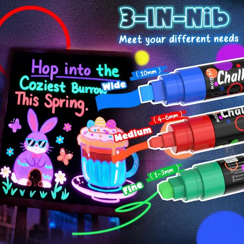 Miniatura 2 de 8 marcadores de tiza UV de neón que brillan en la oscuridad bajo luz negra, marcadores de tiza líquida jumbo borrables de 10mm con punta 3 en 1