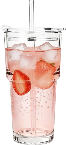 20oz Clear Glass Cups with Lids and Straws, Reusable Iced Coffee Cups, Drinking Tumblers for Cocktail Beer, Juice, Smoothie, Water, Party Gifts -
