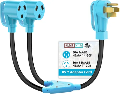 Miniatura 7 de CircleCord Cable adaptador en Y para RV con certificación ETL, dos de 30 amperios a 50 amperios, enchufe macho NEMA TT-30P a hembra 14-50R con mango