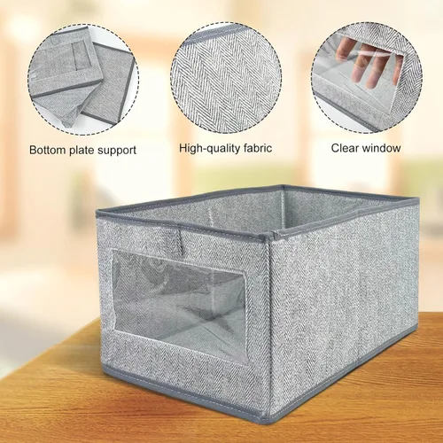 Miniatura 3 de 6 contenedores de almacenamiento de lino con ventana transparente, cesta para estantes, organizador de ropa, contenedores de almacenamiento