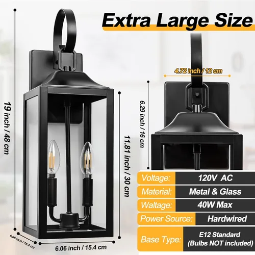 Miniatura 4 de Farol de pared negro de 19 pulgadas para exteriores, 2 luces, aplique grande y moderno para porche, luz industrial para porche con vidrio