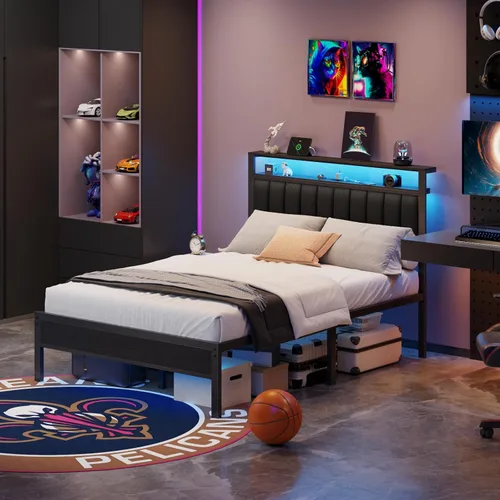 Miniatura 5 de Furnulem - Base de cama tamaño Queen con estación de carga y luces LED, cama de plataforma con listones de metal, cabecera tapizada gris con Roble