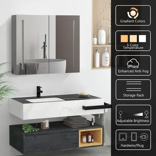 Miniatura 5 de Botiquín de baño de 40 x 30 pulgadas con espejo LED, armario de baño regulable de 3 colores montado en la pared con estantes de almacenamiento de 3