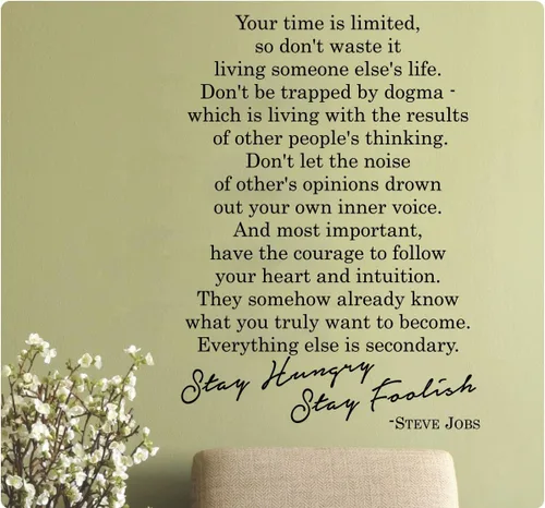 Steve Jobs Stay Hungry Foolish Your Time Is Limited so Don't Waste It Living Someone Else's Life Have the Courage to Follow Your Heart and Intuition