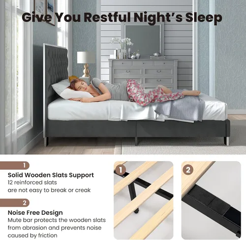 Miniatura 5 de Giantex Base de cama tapizada, plataforma moderna con cabecera de terciopelo capitoné con botones, marco de cama tamaño matrimonial, base de colchón