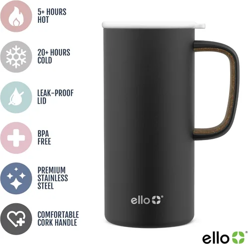 Miniatura 2 de Ello Campy - Taza de viaje de acero inoxidable de 18 onzas con asa y tapa a prueba de fugas Taza de café con aislamiento al vacío para bebidas
