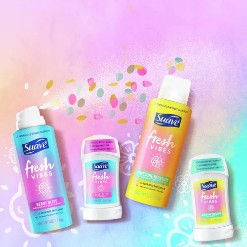 Miniatura 9 de Suave Fresh Vibes - Desodorante corporal en aerosol, sin aluminio, protección desodorante de 48 horas, probado por dermatólogos Awesome Blossom