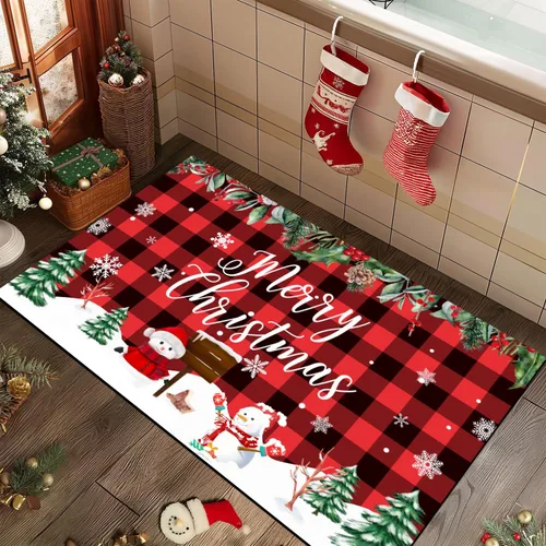 Miniatura 2 de Tapete de Navidad con diseño de muñeco de nieve, árbol de Navidad, rojo y negro, divertido tapete para puerta delantera, parte trasera de goma