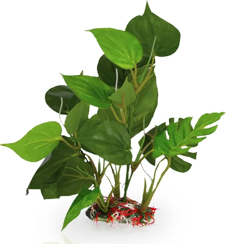 SunGrow Planta de hojas de plástico, base de cerámica resistente, lugar para esconderse para peces, betta, pez ángel, peces dorados, rana, pitón,