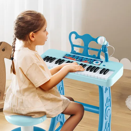 Miniatura 2 de HONEY JOY Piano para niños, piano de teclado azul de 37 teclas para niños con soporte de música y banco, piano de cola de bebé de juguete