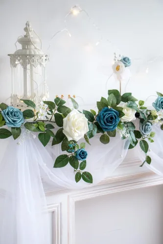Miniatura 3 de PONATIA Guirnalda de flores artificiales de rosas hechas a mano de 5 pies, guirnalda de flores azul polvoriento y follaje para ceremonia de boda