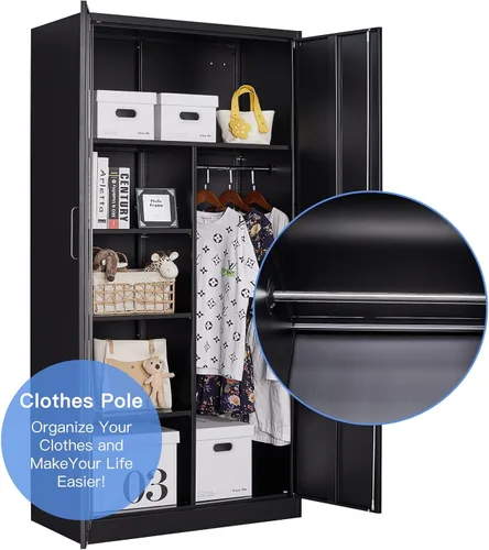 Miniatura 6 de Yizosh Armario de metal para colgar ropa con puertas de cerradura, armario de acero con cerradura de 72 pulgadas, organizador de ropa para Negro