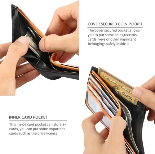 Miniatura 3 de Billeteras delgadas de piel de becerro para hombres con bloqueo RFID, bolsillo frontal de cuero, billetera minimalista plegable de fácil acceso