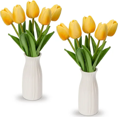 Miniatura 8 de Briful Paquete de 2 tulipanes artificiales de flores sintéticas con jarrón de cerámica, tulipanes morados de espuma de polietileno, arreglo floral