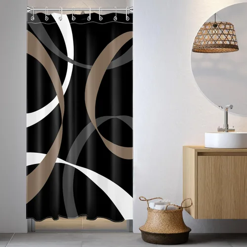 Miniatura 33 de LB Cortina de ducha abstracta rosa para baño, cortina de ducha de tela a rayas grises y blancas sobre fondo negro con ganchos, juego de cortinas