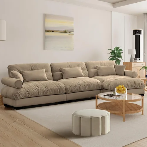 Miniatura 50 de Reposapiés Otomano Tapizado de Terciopelo con Cojín para Sofá Seccional Sofá 300 libras para Sala de Estar (Beige)