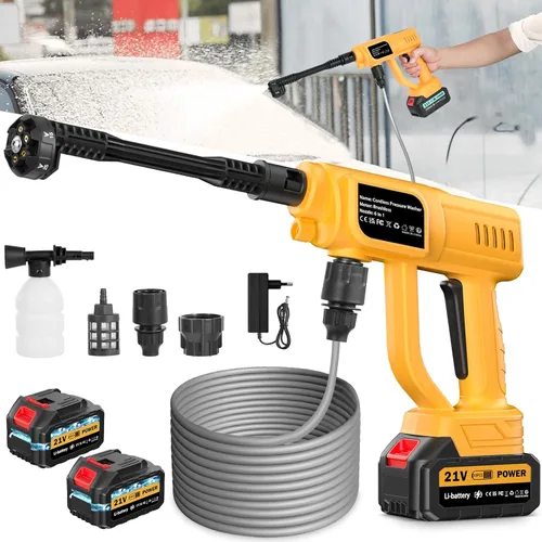 Lavadora a presión inalámbrica, 1700PSI Lavadora eléctrica inalámbrica portátil con boquilla 6 en 1, lavadora a presión de mano de 21 V con 2