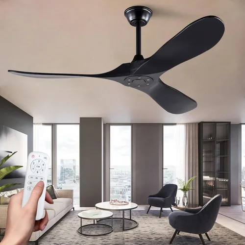 Miniatura 8 de Ventilador de techo de 42 pulgadas de madera maciza con control remoto, ventilador de techo negro sin luz, 6 velocidades, silencioso, motor CC