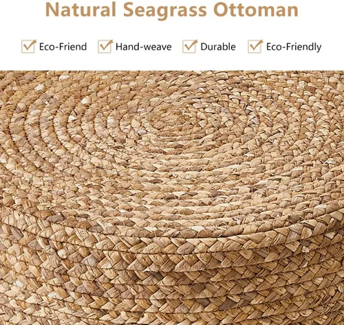 Miniatura 5 de Wimarsbon 2 puf otomanos, taburete de hierba marina natural, otomana redonda tejida a mano, asiento decorativo bohemio, puf trenzado de yute, Trenza