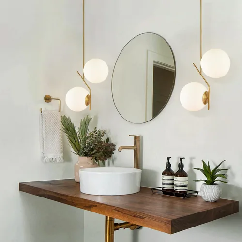 Miniatura 4 de BOKT Lámpara colgante de globo moderna de mediados de siglo con 2 luces minimalista de oro cepillado iluminación colgante de isla de cocina Lámpara