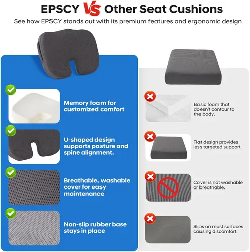 Miniatura 8 de EPSCY Cojín de espuma viscoelástica en forma de U para alivio del dolor de coxis, hemorroides, ciática y coxis, cojín de asiento reductor de presión