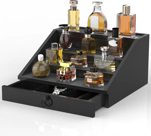 upcessory Organizador de colonia de madera para hombres, estante mejorado de colonia de 4 niveles, organizador de perfumes con cajón forrado de