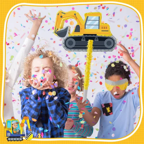 Miniatura 7 de Lewtemi Piñatas de excavadora para fiesta de cumpleaños con palo, venda para los ojos y confeti, suministros para fiesta de cumpleaños para adultos