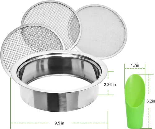 Miniatura 8 de Juego de tamiz de suelo de acero inoxidable, juego de tamiz de jardín con 3 mallas intercambiables de 1,3,5mm, pantalla de tamizado para suciedad