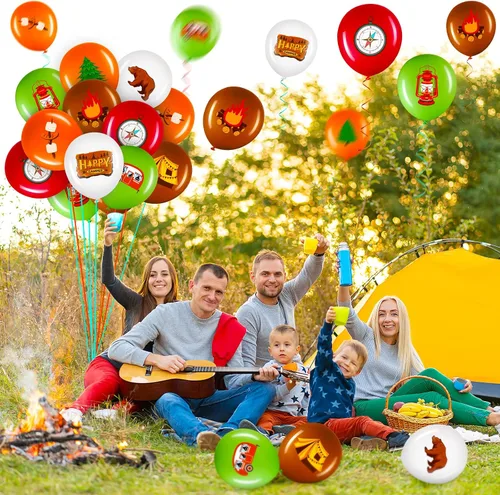 Miniatura 7 de 45 globos de campista, coloridos globos de fiesta de campamento, suministros de fiesta temática de aventura con cinta verde y marrón, kits de globos