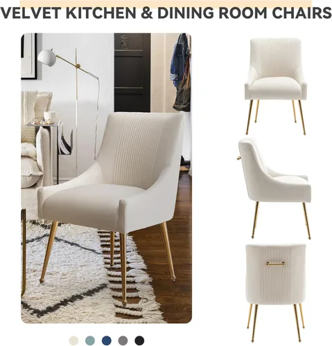 Miniatura 4 de Sillas de comedor modernas, sillas de comedor tapizadas en terciopelo con patas doradas, juego de 2 sillas de acento con capitoné para sala de Beige