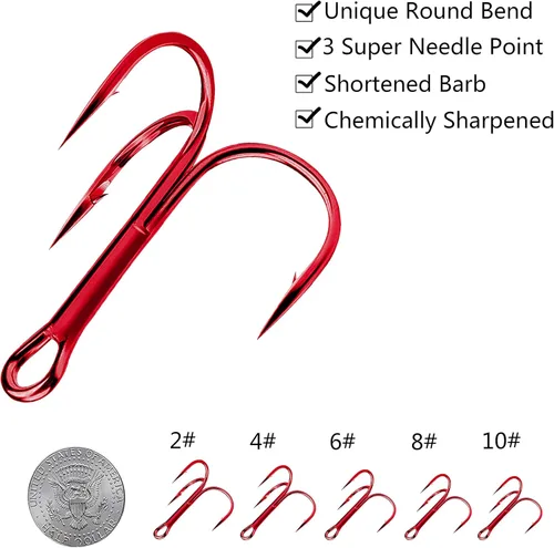 Miniatura 4 de Kit de ganchos agudos rojos, curvados redondos, ganchos de pesca triples de acero inoxidable, anillos de doble división, kit de caja de aparejos