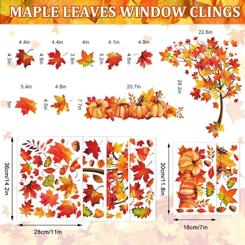 Miniatura 4 de Whaline 6 Hojas de Calcomanías de Hojas de Arce Otoñales para Ventanas Acción de Gracias Acuarela Árbol de Arce Hojas Naranja-Marrón Calabazas