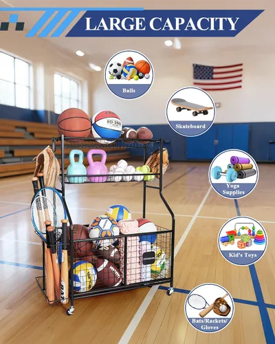 Miniatura 2 de Organizador de almacenamiento de equipos deportivos con ruedas rodantes, carrito de almacenamiento de pelota de garaje para baloncesto, fútbol