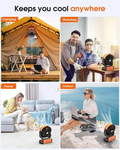Miniatura 8 de Ventilador solar de campamento de 20000 mAh con panel solar de 10 W, banco de energía solar recargable para exteriores, linterna LED, ventilador