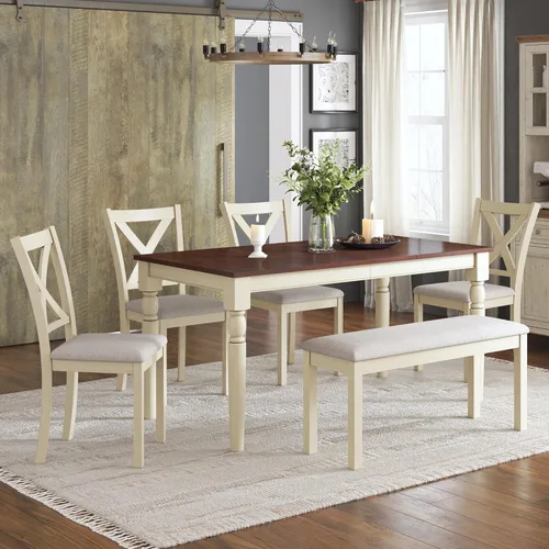 AMERLIFE Juego de mesa de comedor de 6 piezas estilo granja, mesa de madera maciza de 152 cm con 4 sillas tapizadas y banco, asientos cómodos para