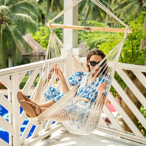 Miniatura 7 de Lazy Daze Hammocks Chair Caribbean - Silla colgante de cuerda tejida del Caribe con barra separadora de madera dura de 40 pulgadas y cuerda