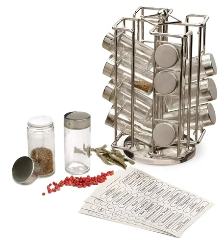 RSVP International Juego de estante giratorio cromado, incluye 16 tarros de especias | 9 x 11.5 pulgadas | Mantiene sales, pimientos, comino, ajo,