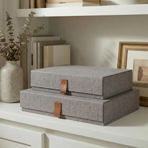 Cajas Decorativas de Almacenamiento de Fotos con Tapas - Juego de 2 Hermosos Organizadores de Lino Son Perfectos para Almacenar de Forma Segura Tus