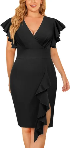 Miniatura 5 de Miusol Vestido de tubo vintage con cuello en V para mujer, manga con volantes, para negocios, cóctel, fiesta, talla grande