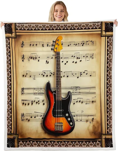 Miniatura 29 de Castle Fairy Manta de felpa para niños con estampado de guitarra, temática musical, instrumentos de bajo, manta de cama para decoración del hogar