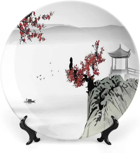 Miniatura 10 de XISUNYA Plato decorativo de 6 pulgadas, artesanía de cerámica asiática, majestuosos picos del Himalaya, cultura circular, impresión artística, placa