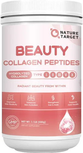 NATURE TARGET Beauty - Polvo de péptidos de colágeno para mujeres, polvo de colágeno múltiple con vitamina C, biotina, ácido hialurónico, sin sabor,