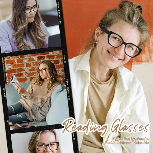 Miniatura 4 de JiSoo Gafas de lectura de ojo de gato de gran tamaño para mujer, elegantes lentes de lectura grandes para mujer con 2